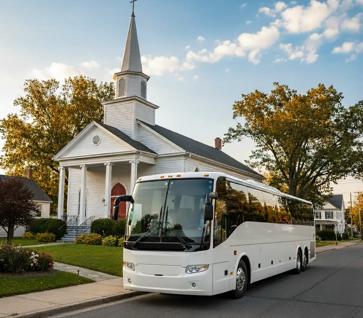Church bus outside white chapel.