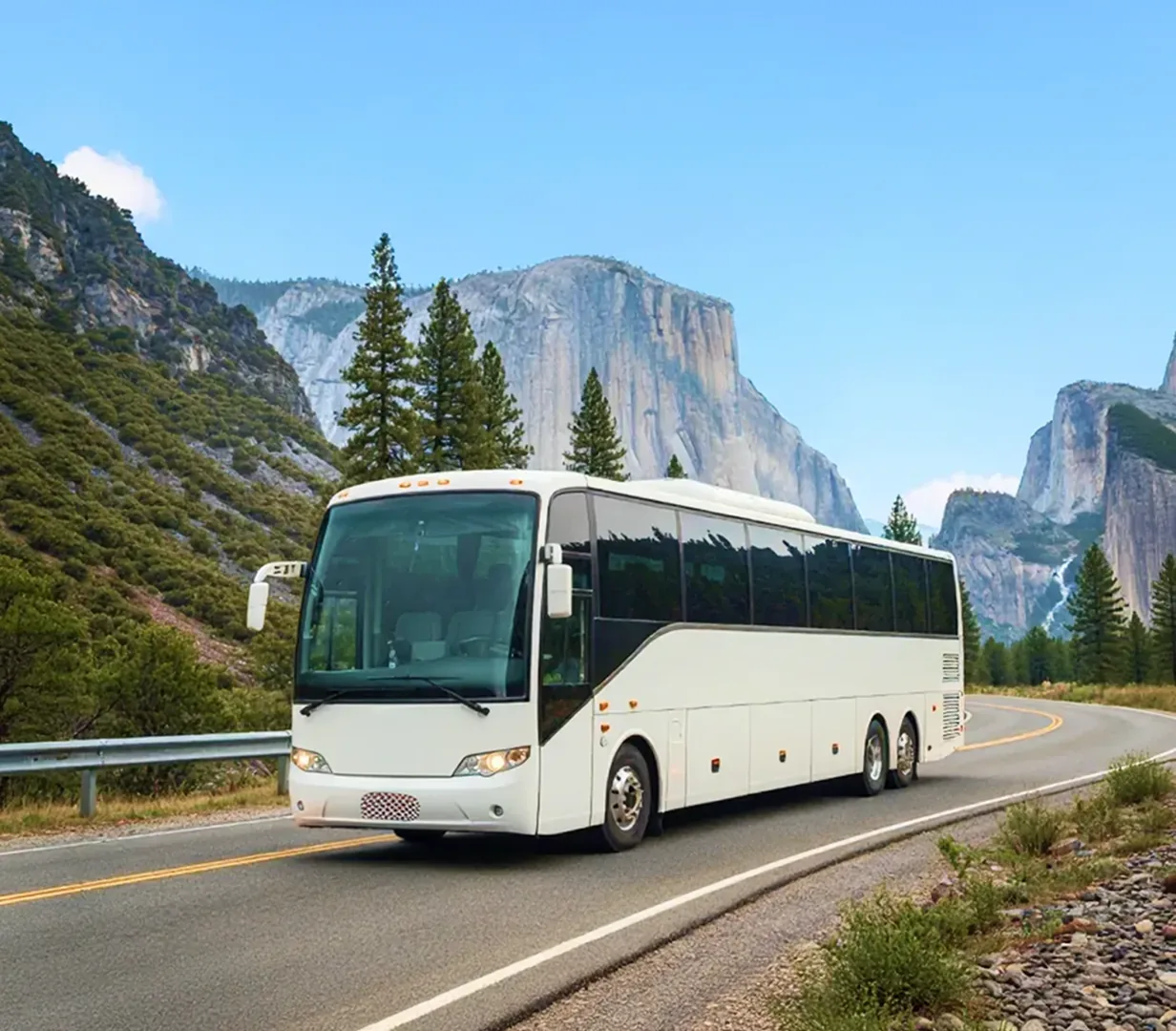 Coach on mountain highway.