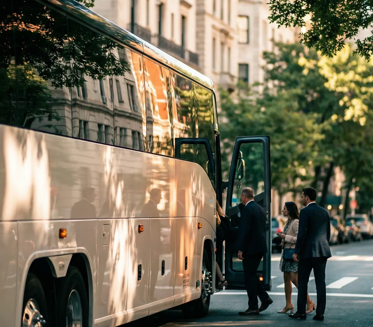 Guests boarding coach on city street.