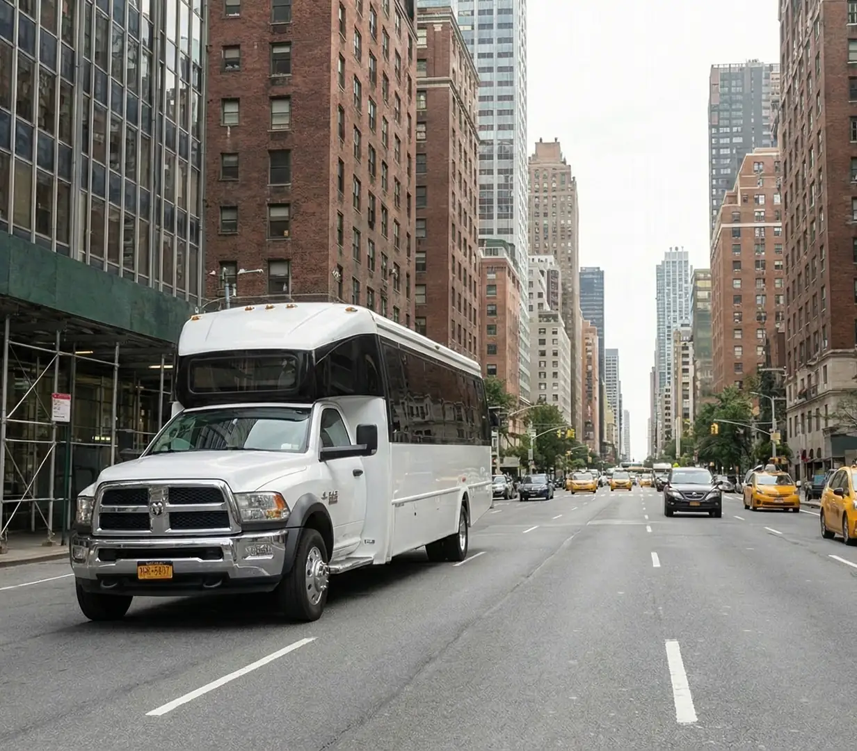 Minibus in downtown street.
