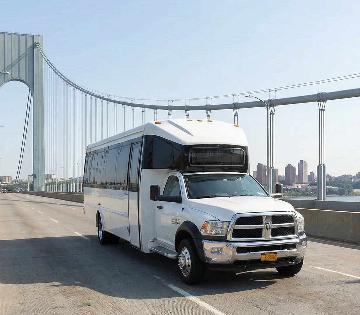 Minibus on bridge.
