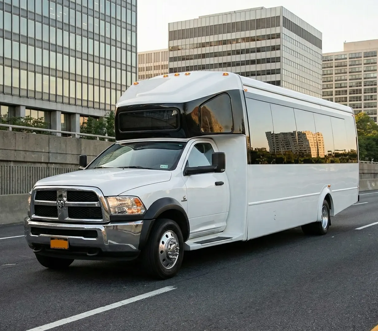 Minibus outside office building.
