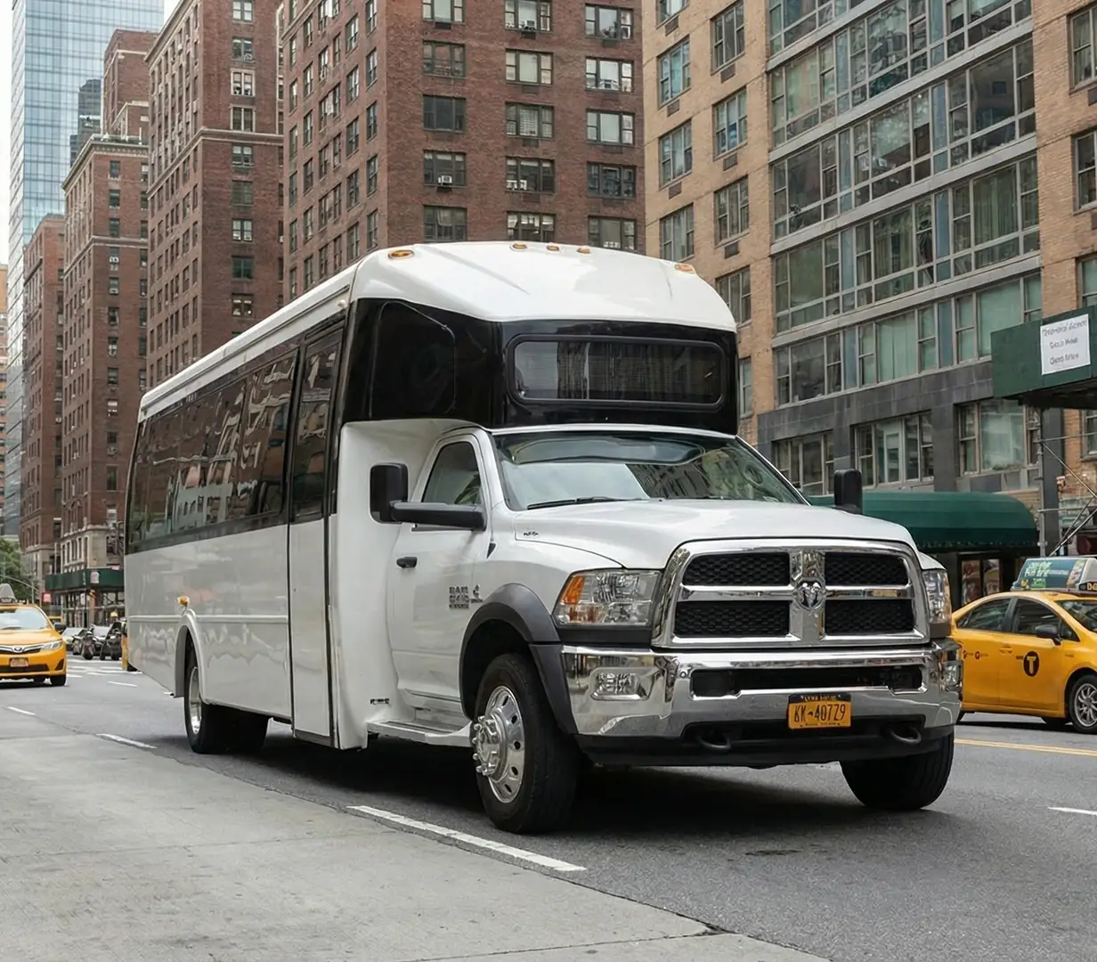 Passenger van outside office building.