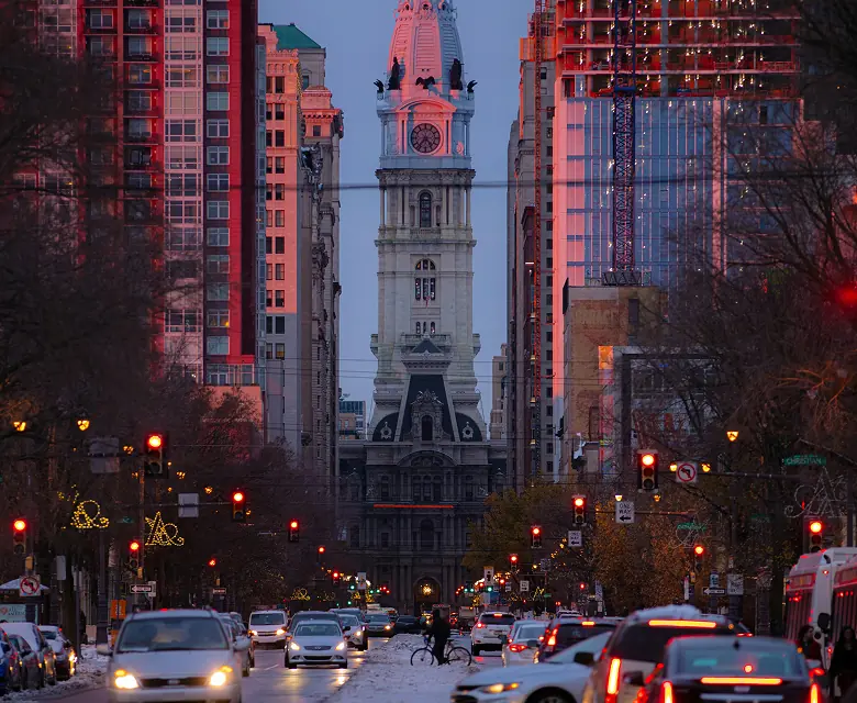 Philadelphia city hall at dusk.