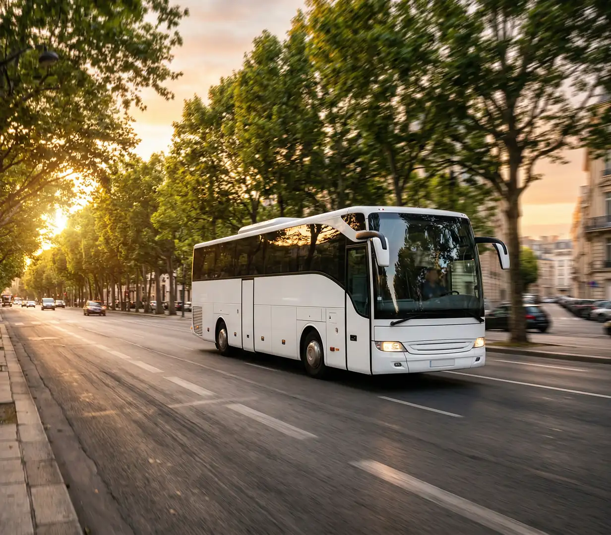 Coach at downtown intersection.
