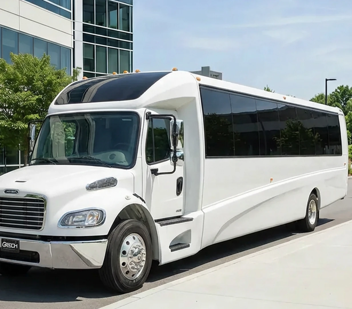 Shuttle bus outside office building.