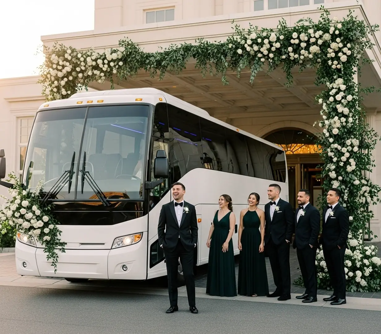 Wedding party by coach under floral arch.