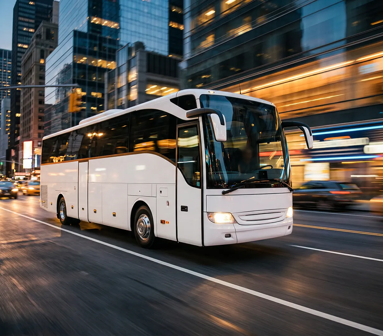 Black coach in business district.