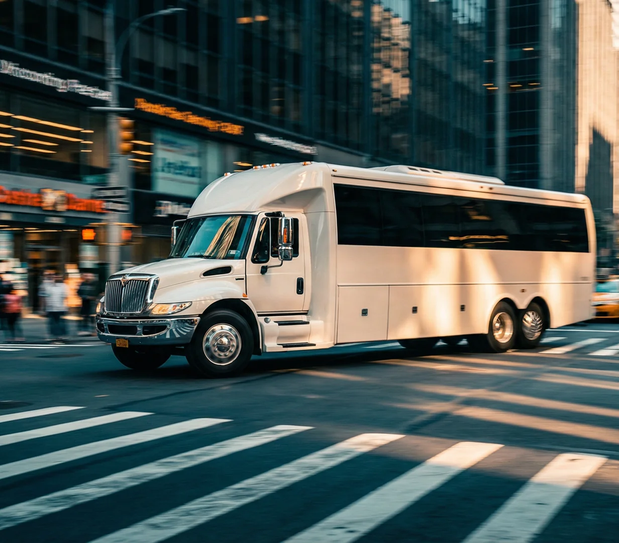 White shuttle bus at downtown crosswalk.